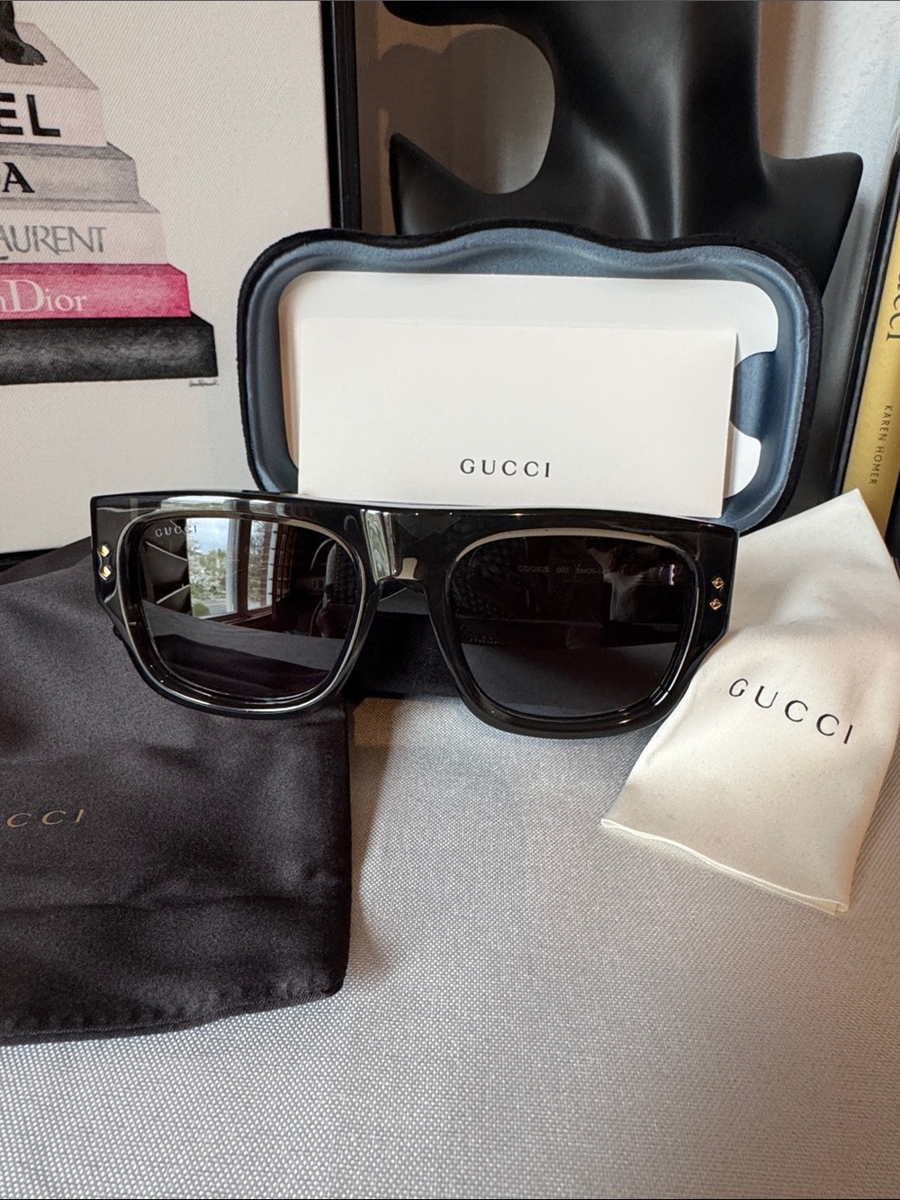 Men’s Gucci Black Square Frame Sunglasses with Grey Lenses